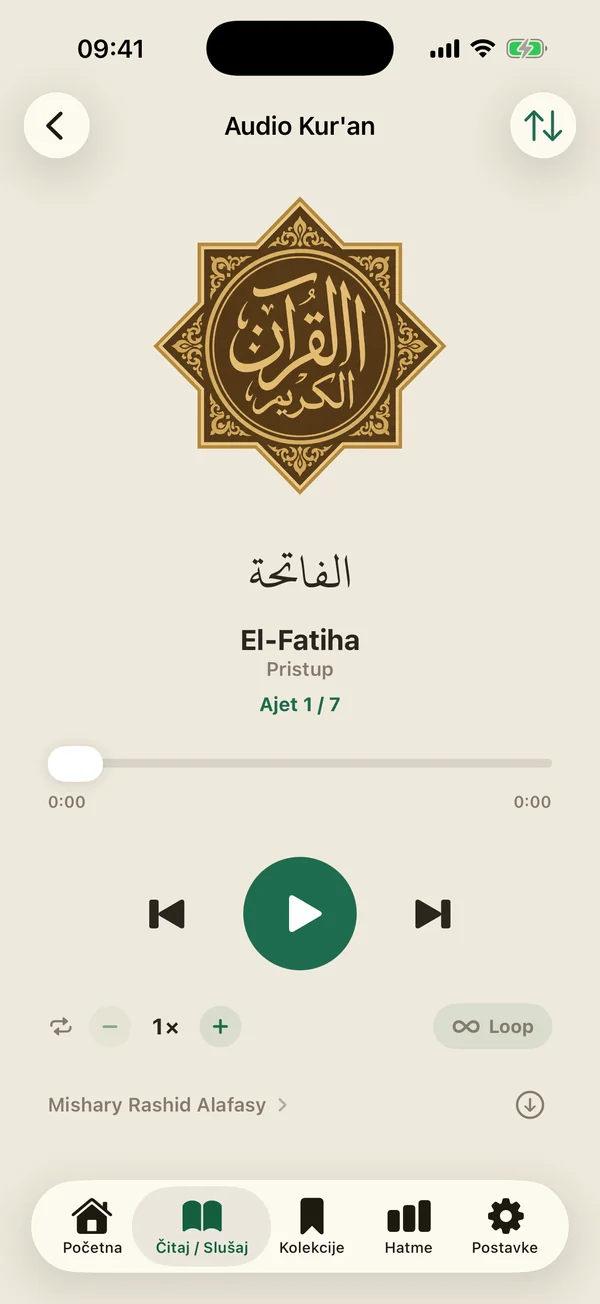 Audio Kur'an plejer: sura El-Fatiha, učač Mishary Rashid Alafasy