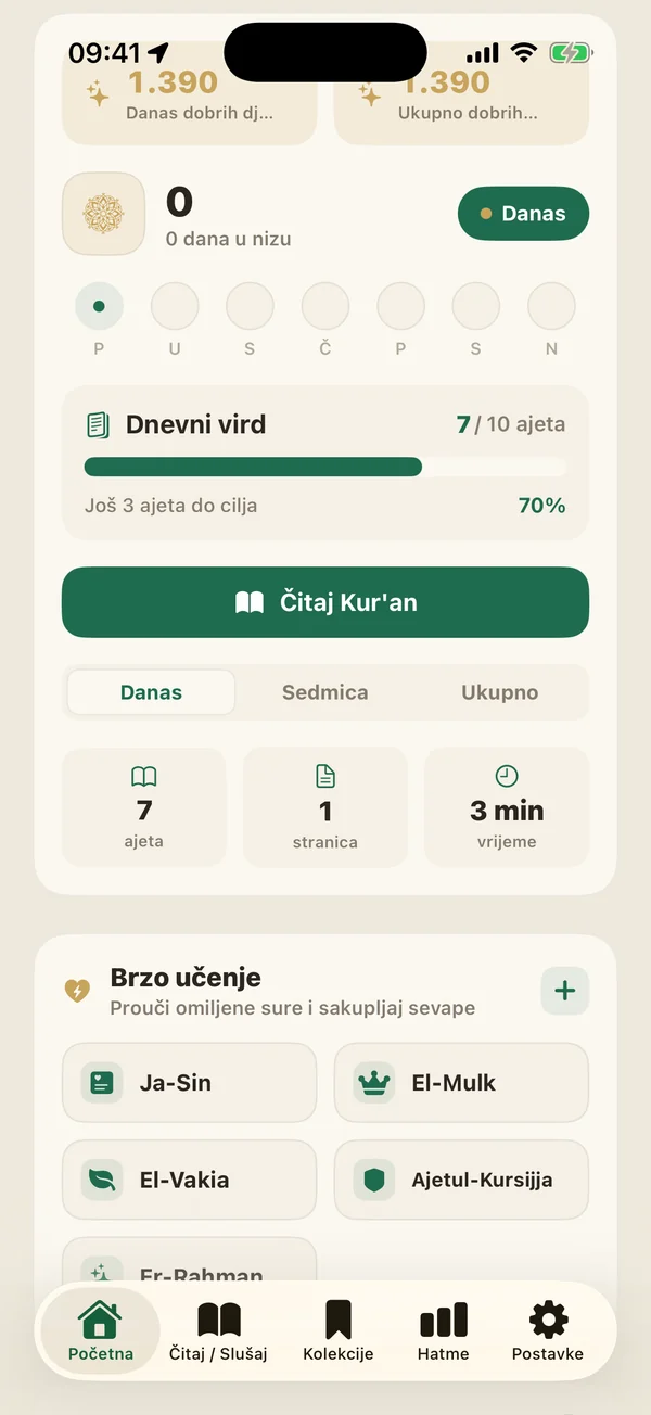 Početna: dnevni vird 7 od 10 ajeta, dugme Čitaj Kur'an i prečice Brzog učenja